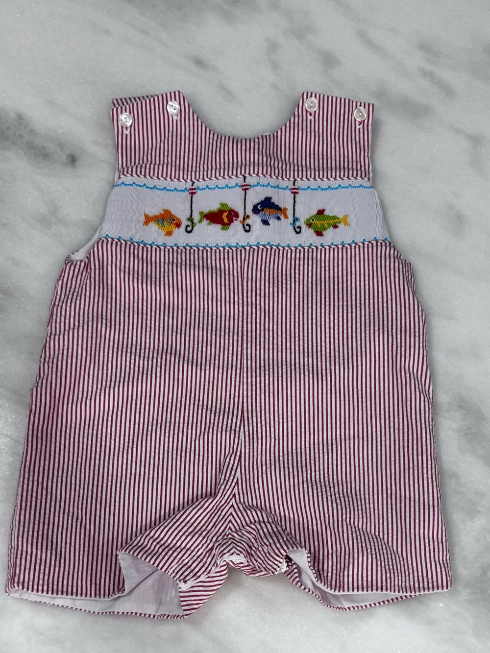 Anavini Boys 12M Hand Smocked Fishing Shortall Romper Red Stripe